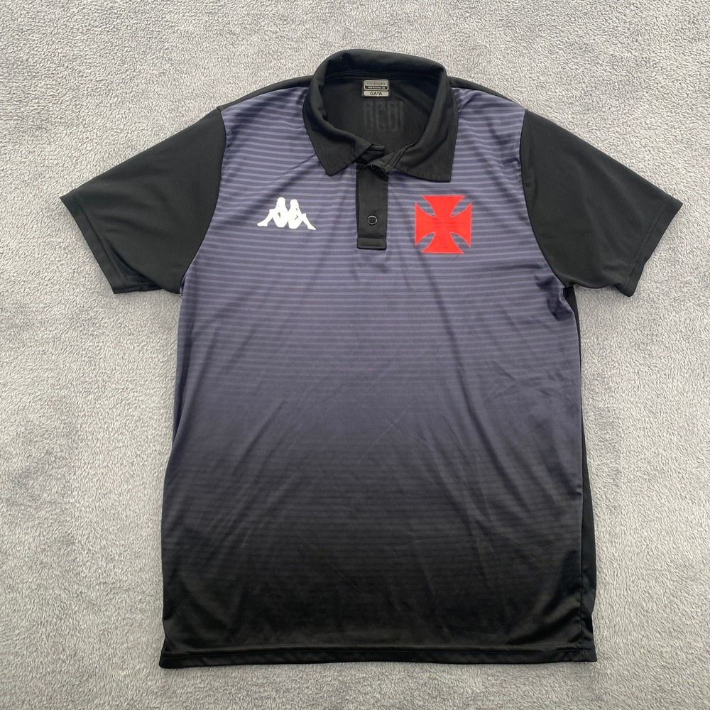 Kappa Vasco da Gama Polo Shirt Mens Medium Black Grey Striped Gara Soccer 1898
